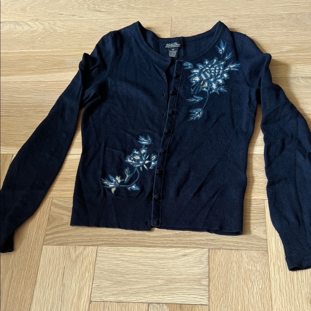 Lucky Brand Black Cardigan with Blue Floral Design